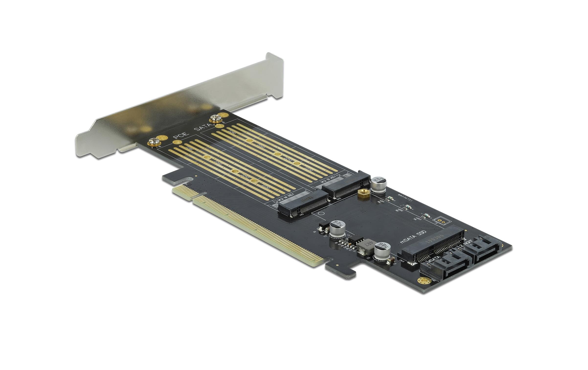 Host Bus Adapter PCI-Ex16v4 - M.2 Key-B, M.2 Key-M, mSATADelock PCI Express x16 Karte zu 1 x M.2 Key B + 1 x NVMe M.2 Key M + 1 x mSATA – Low Profile Formfaktor