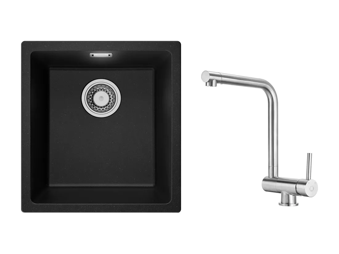 Evier 1 Bac en Quartz et Résine, 3 Options de Montage, 40*44*20cm + Mitigeur de Cuisine Rabattable Brossé