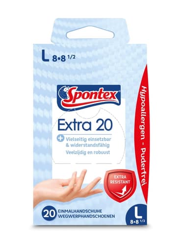 Spontex Extra Einmalhandschuhe aus Vinyl, widerstandsfähig und puderfrei, Größe L, 1 x 20 Stück