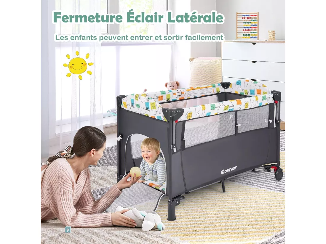 Lit Parapluie Bébé Pliant 5 en 1 avec Matelas,Berceau Parc Bébé avec Table à Langer,Boîte à Musique,Jouets Suspendus,4 Hauteurs d'Accoudoir Réglables,Sac de Transport,Noir