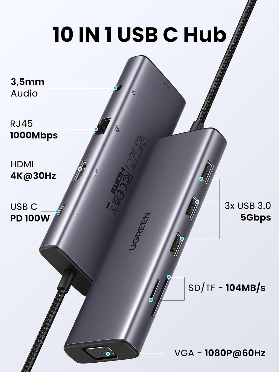 USB C 10in1 Multiport Adapter HUB mit USB C (PD/100W) / 3x USB 3.0 / SD & Micro SD / HDMI 4K@60Hz / VGA / 3.5mm / LAN (15601) - Grau