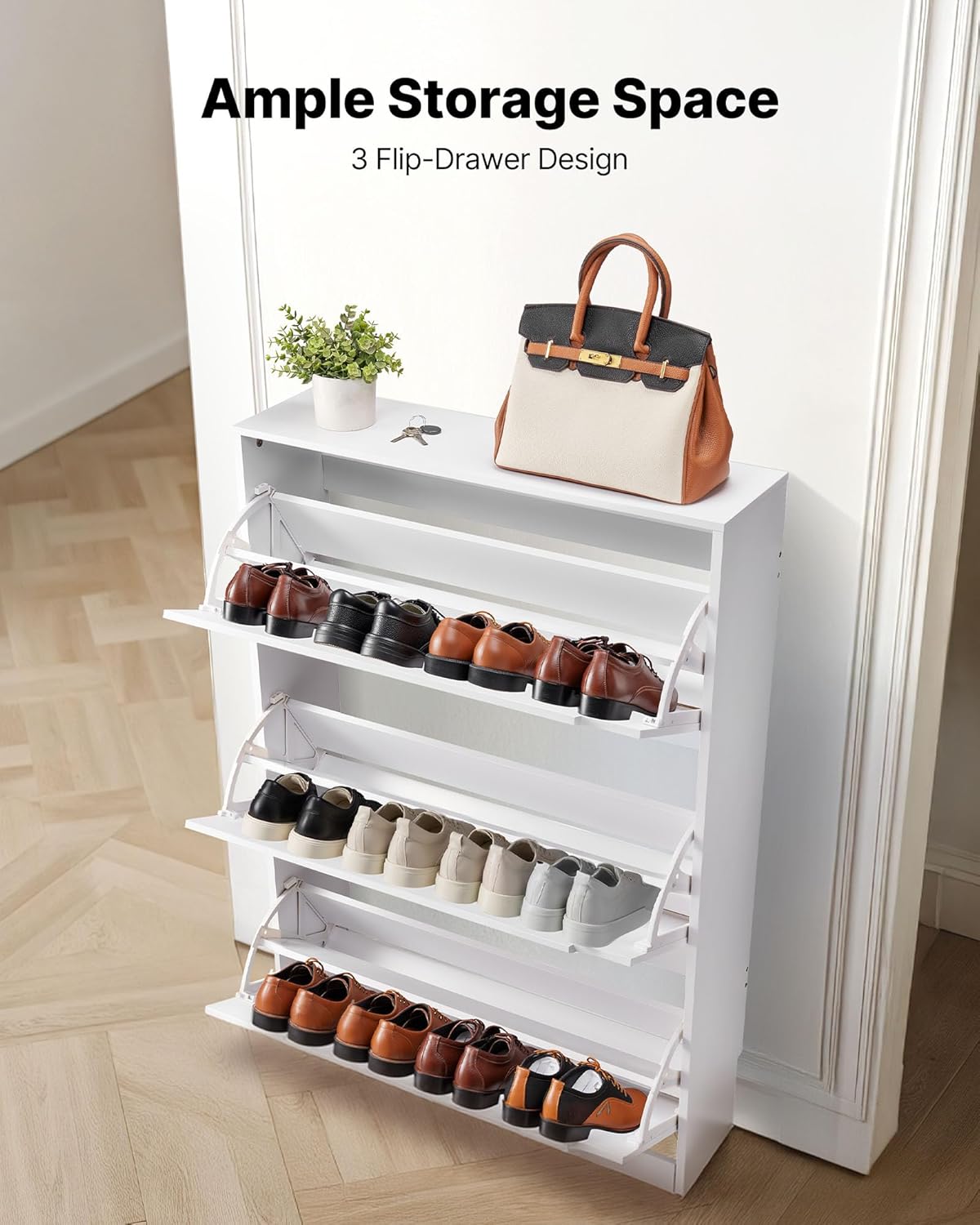 VEVOR Schuhschrank mit 3 Klappen, platzsparender Schuhkipper, freistehender Schuhregal-Organizer für den Eingang Flur Wohnzimmer Veranda, modernes Schuhregal 800 x 220 x 1165 mm Weiß