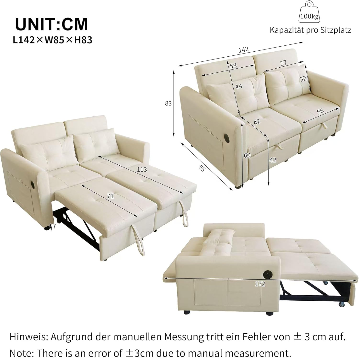 Modernes Doppel-Klappschlafsofa, 2-Sitzer Ausziehsofa mit Schlaffunktion, mit verstellbare Rückenlehne&Armlehnentaschen und Kissen, USB-Ladeanschluss, für Wohnzimmer Schlafzimmer Büro (Beige C)