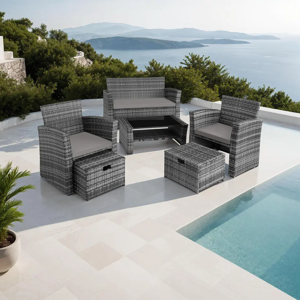 tectake - loungeset Modena- Wicker - grijs - incl. beschermhoes
