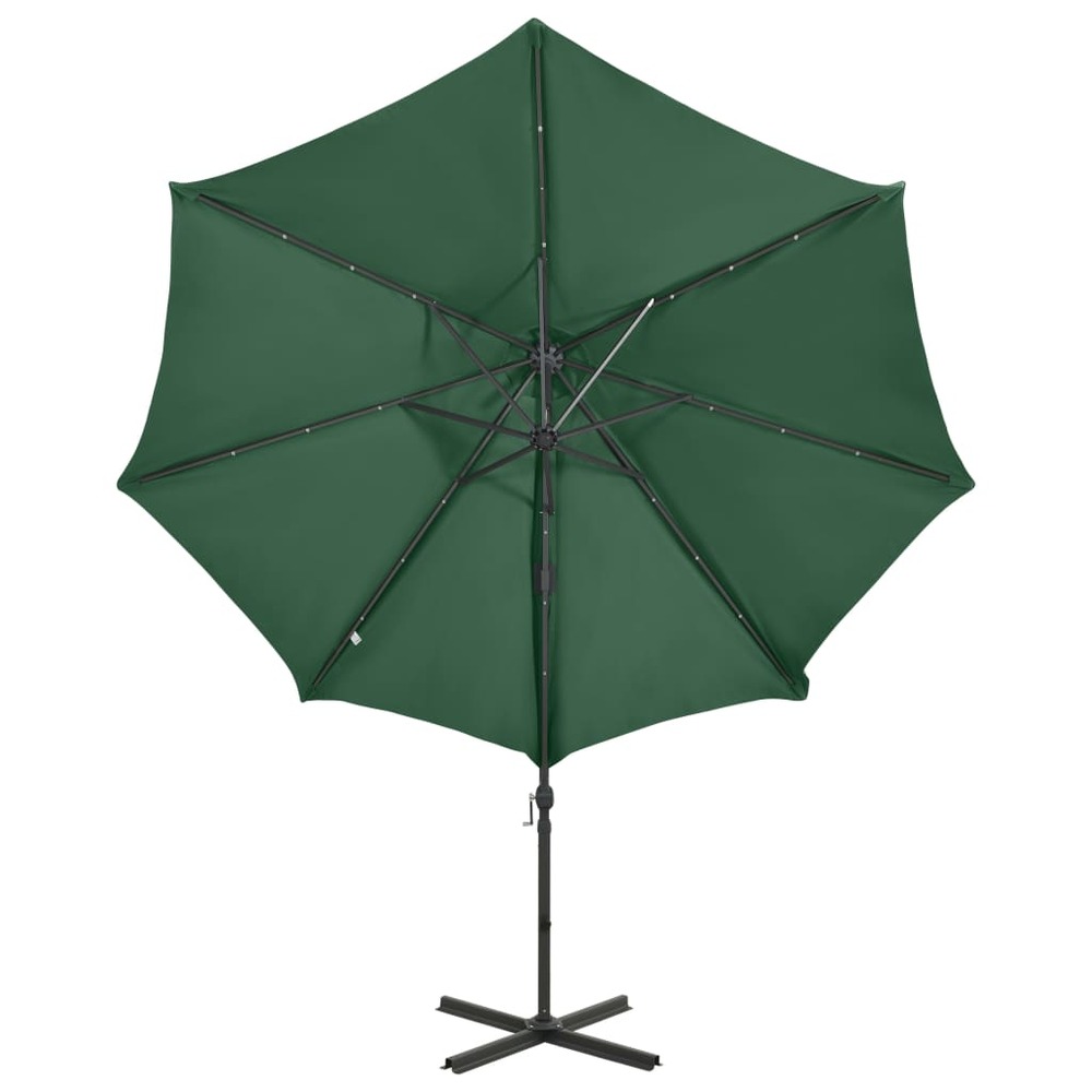 Parasol meuble de jardin déporté avec mât et lumières led 300 cm vert