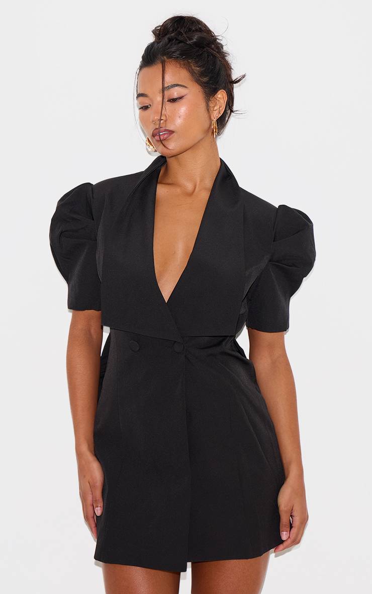 Noir Robe Blazer À Manches Courtes Avec Nœud Au Dos