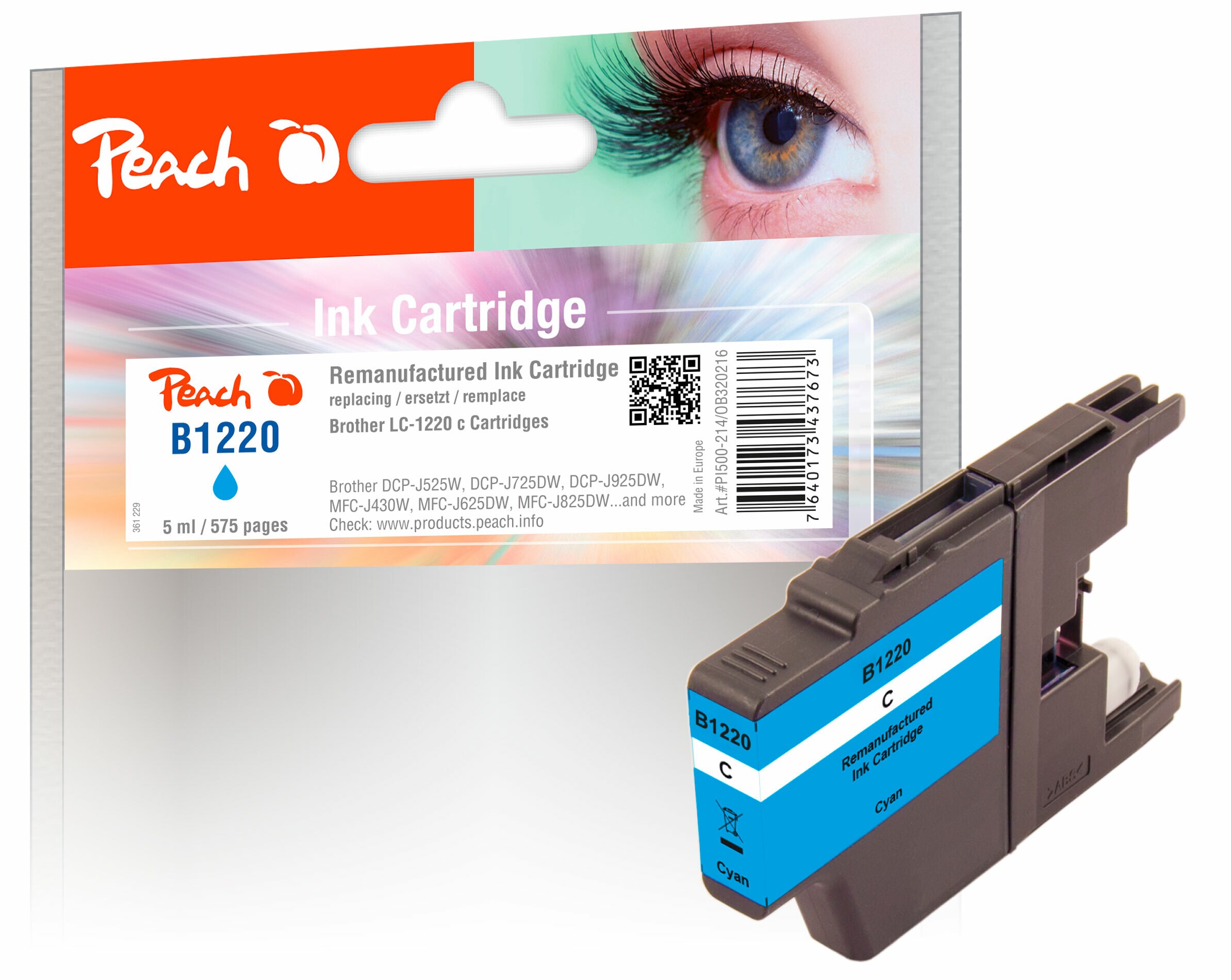Peach B1220 C Druckerpatrone cy ersetzt Brother LC-1220C für z.B. Brother DCPJ 725 DW, Brother MFCJ 430 W, Brother DCPJ 525 W, Brother DCPJ 925 DW (wiederaufbereitet)