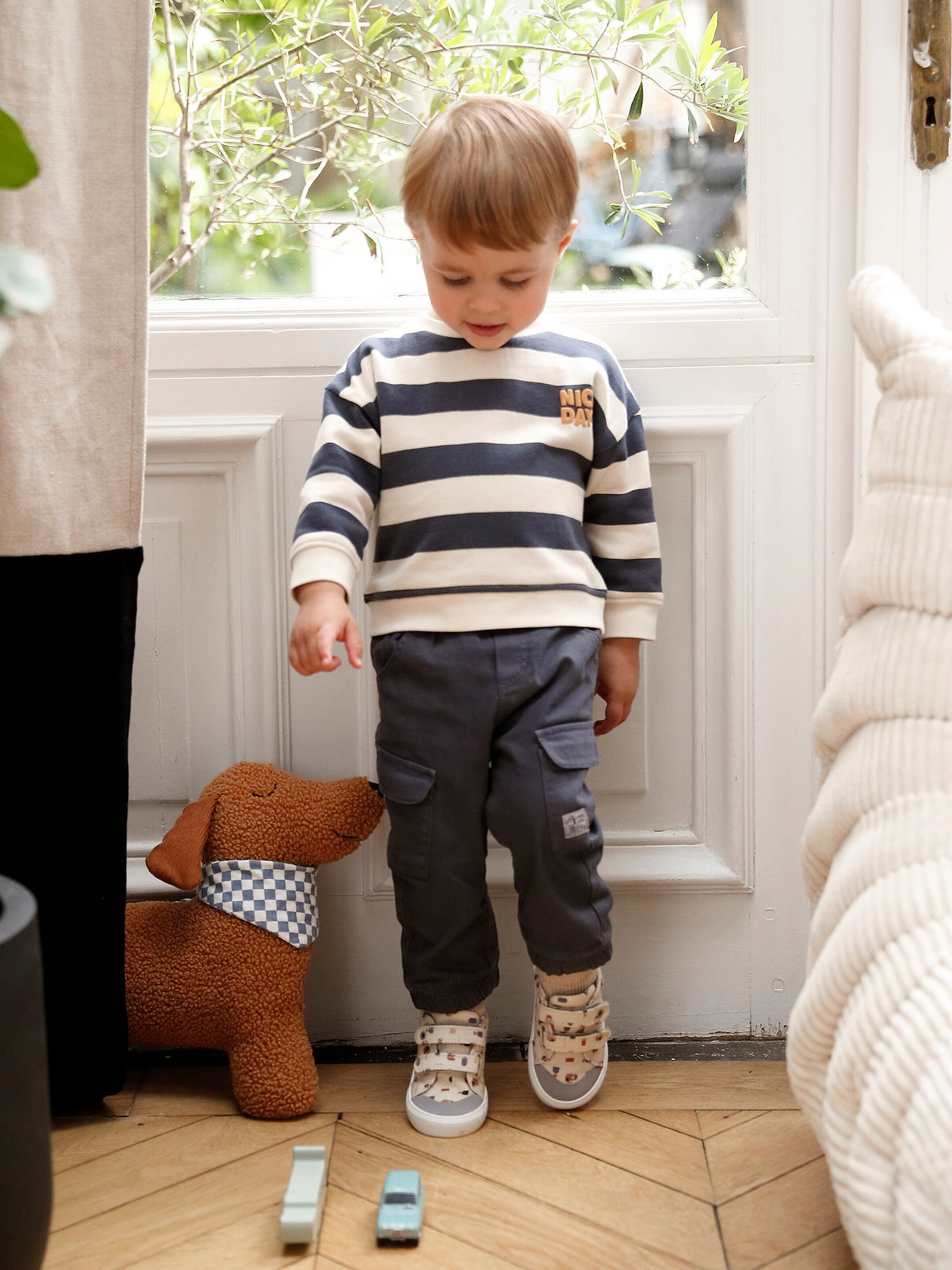 Vertbaudet Jungen Baby-Set: gestreiftes Sweatshirt & Cargohose schieferblau