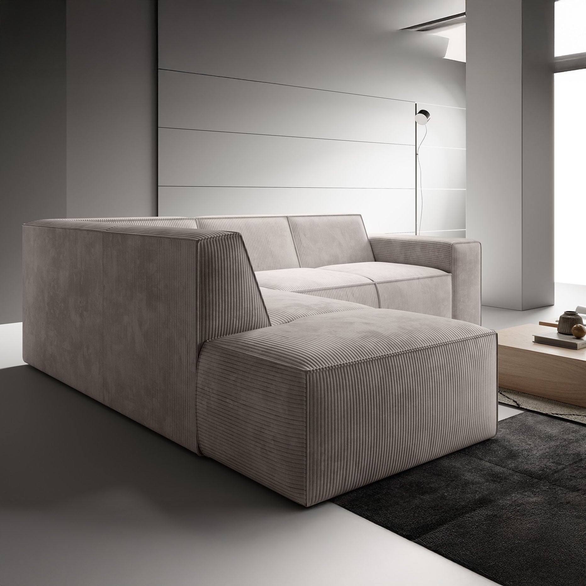 Monet - Hoekbank 4-zits met chaise longue - Ribstof beige - Links
