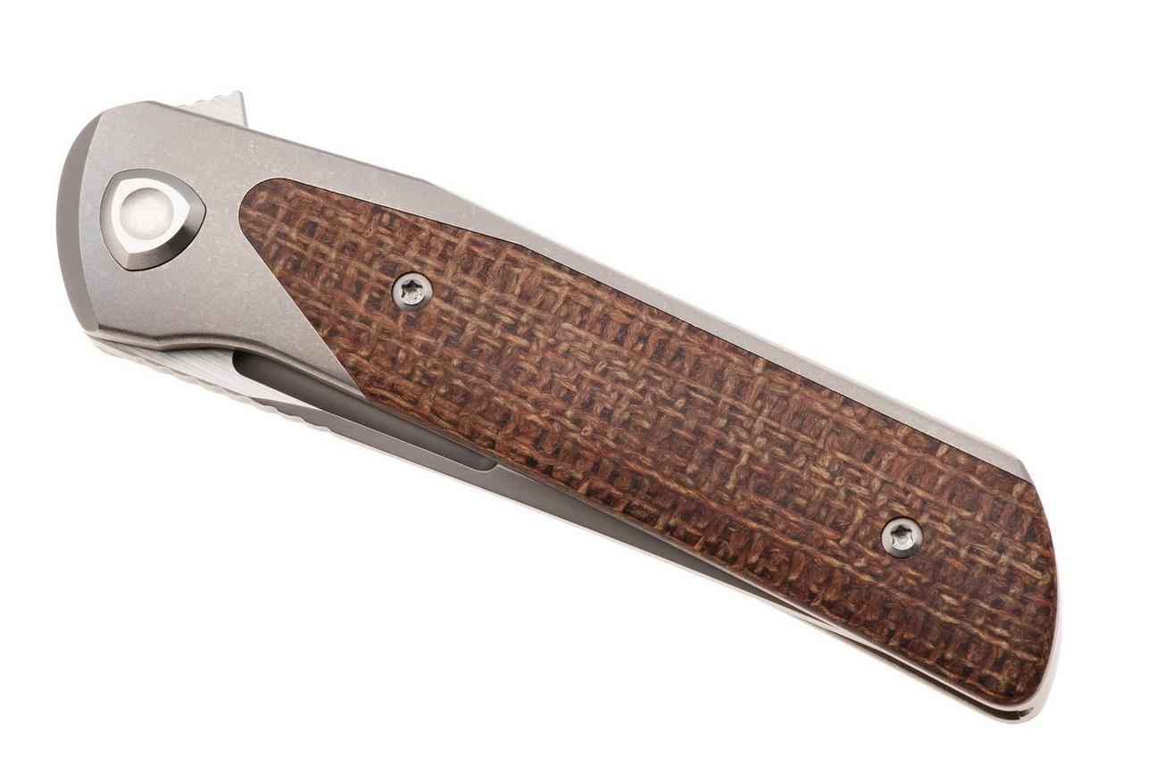 Liong Mah Warrior 3 Bead Blasted Böhler M390, Titanium Brown Burlap Micarta Inlay, zakmes
