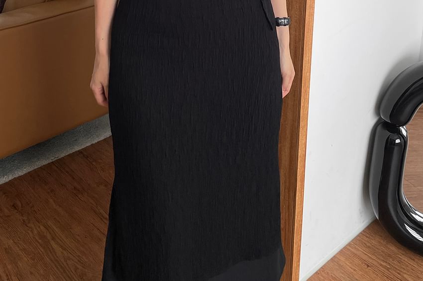 Coris - Set: Lange mouwen, kraag, effen blouse met knoopjes + hoge taille maxi-kokerrok