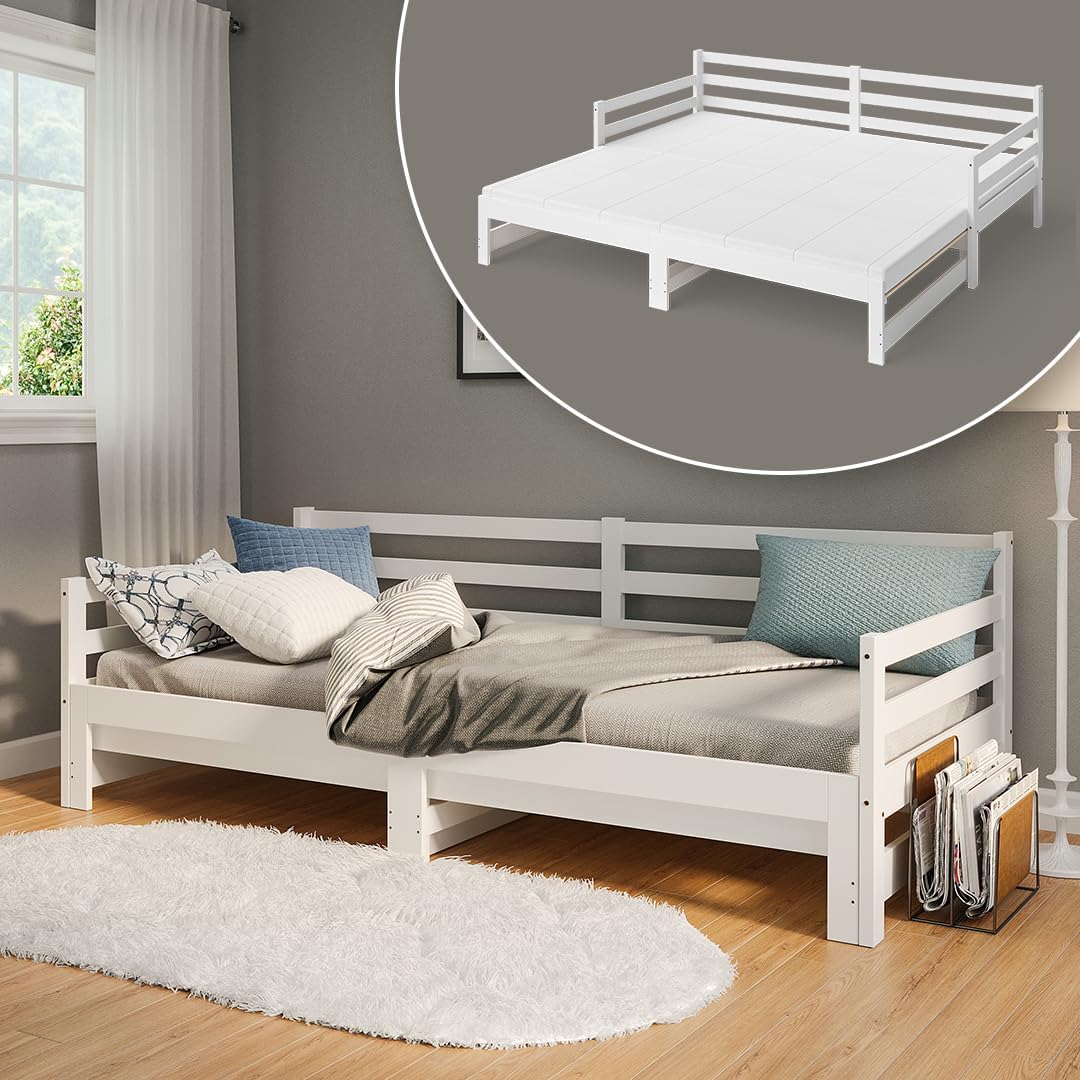 Bellamio Ayr Tagesbett 90x200/180x200cm – Ausziehbett aus Kiefer Massivholz – Sofabett für Kinderzimmer/Gästezimmer bis 100kg – Daybed mit Gästebett zum Ausziehen in Weiß – Bettgestell mit Lattenrost