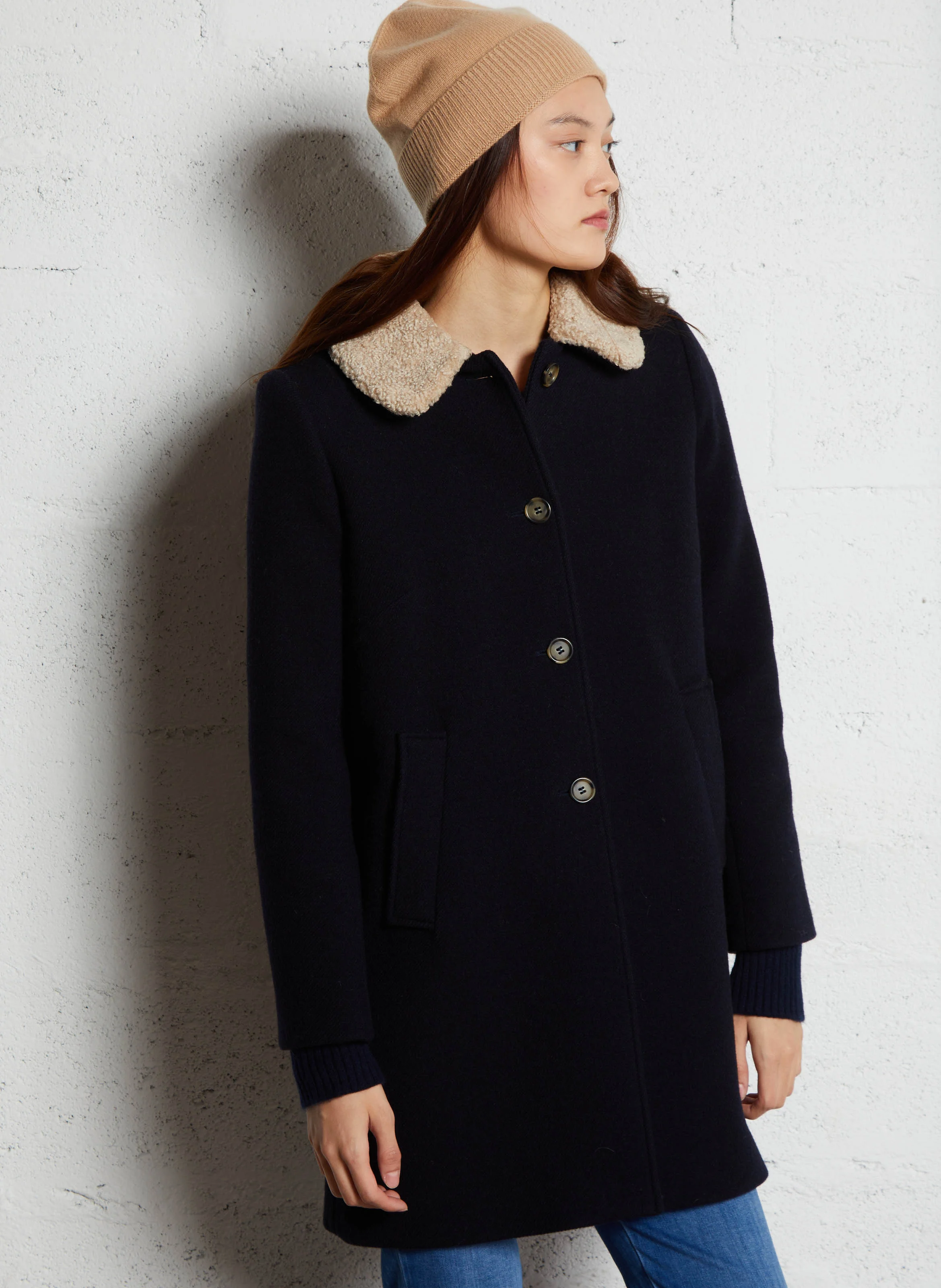 TOLLING - Manteau col effet fourrure en laine mélangée | Bleu