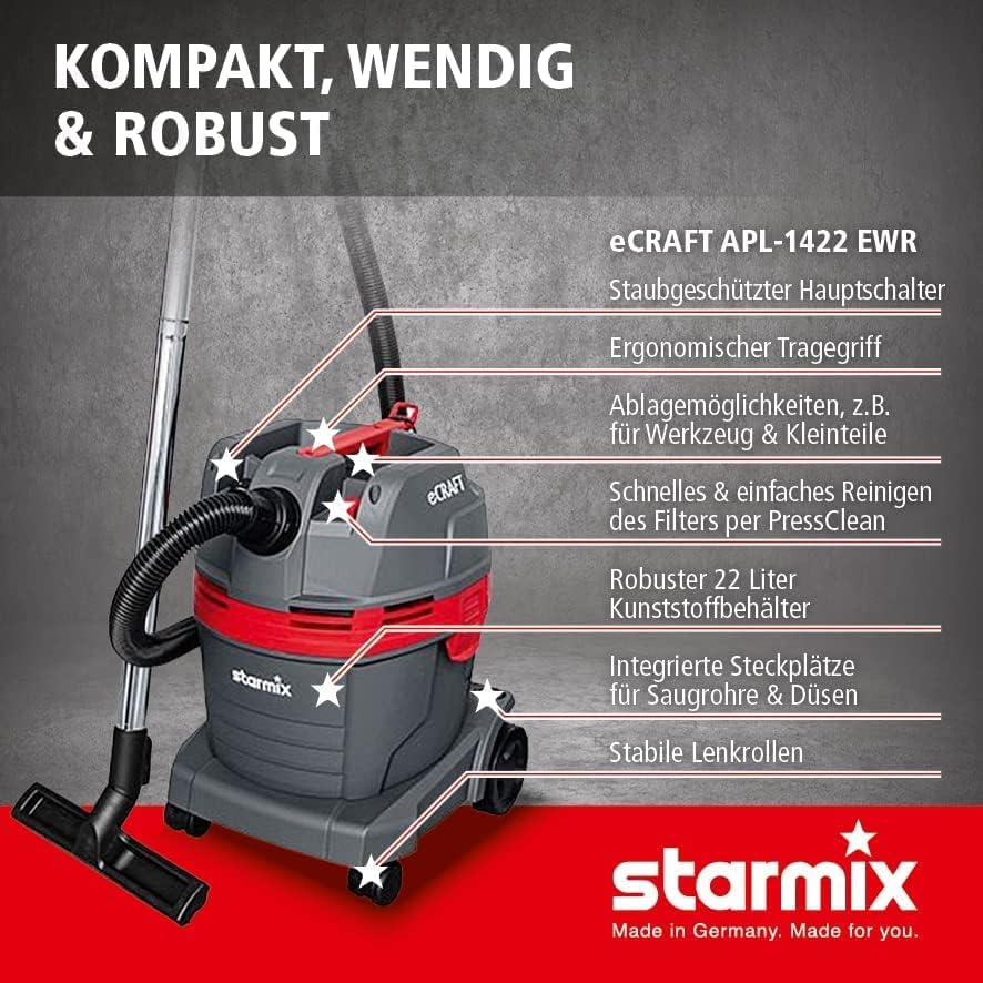 starmix eCraft PL-1422 EWR - Nass-/Trockensauger Staubklasse L, 1400 W, 22 L - Allessauger mit Filterabreinigung & Blasfunktion, kompakt, leicht & intuitiv, 9,5 m Aktionsradius für Büro, Auto, Garage
