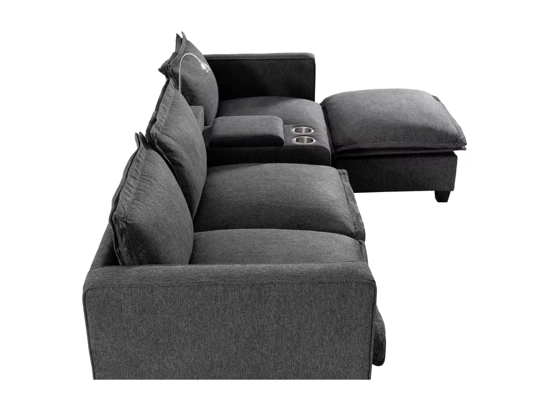 Canapé 3 places en chenille - avec USB et liseuse - avec porte-gobelet et avec repose-pieds - Gris