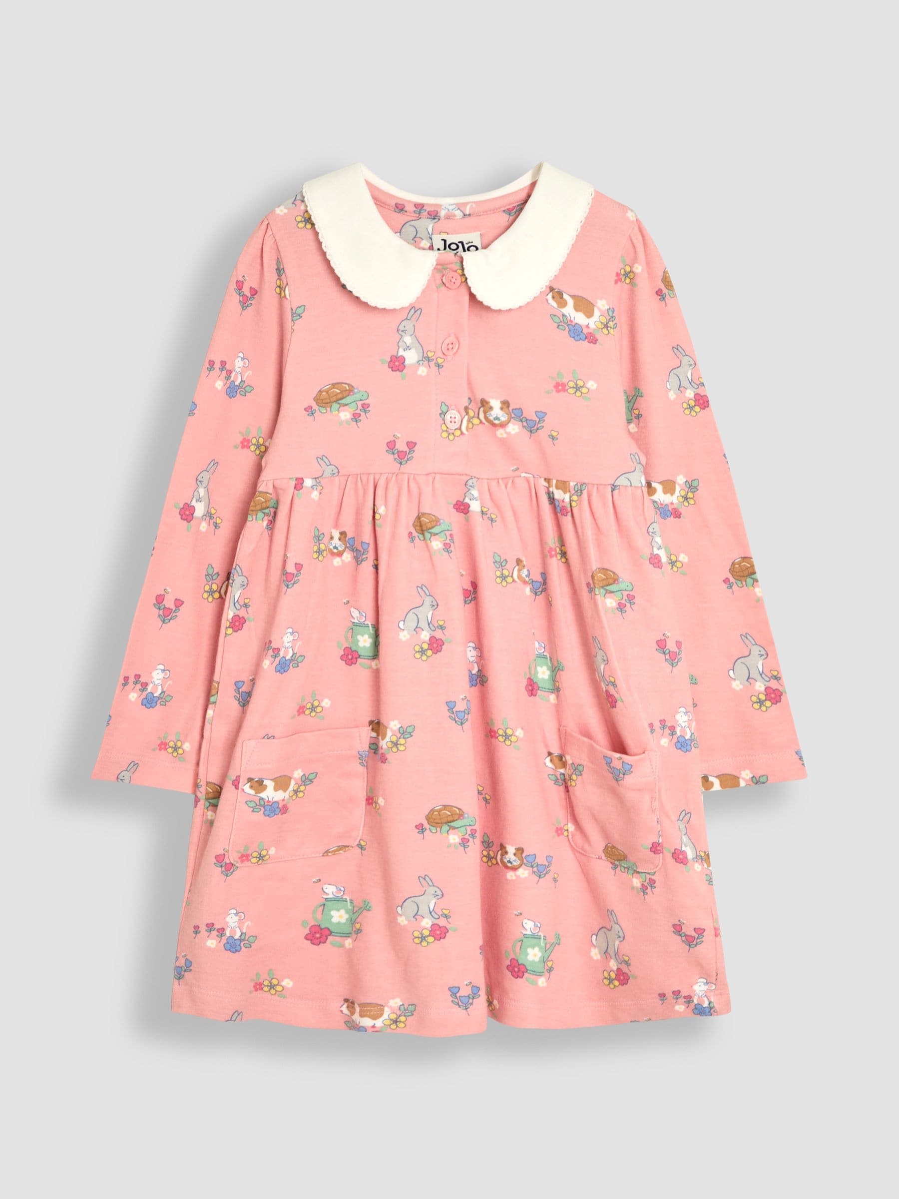 JoJo Maman Bébé 100% katoenen Peter Pan-kraag jurk met knopen aan de voorkant en lange mouwen