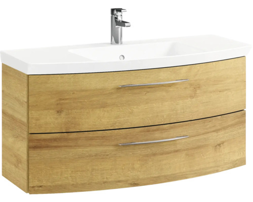 Pelipal Sunline 104 badkamermeubelset, BxHxD 101 x 200 x 50,5 cm, frontkleur: Riviera eiken, 3-delige badkamermeubelset met wastafel en badmeubel van wit mineraalmarmer, spiegelkast met LED-verlichting