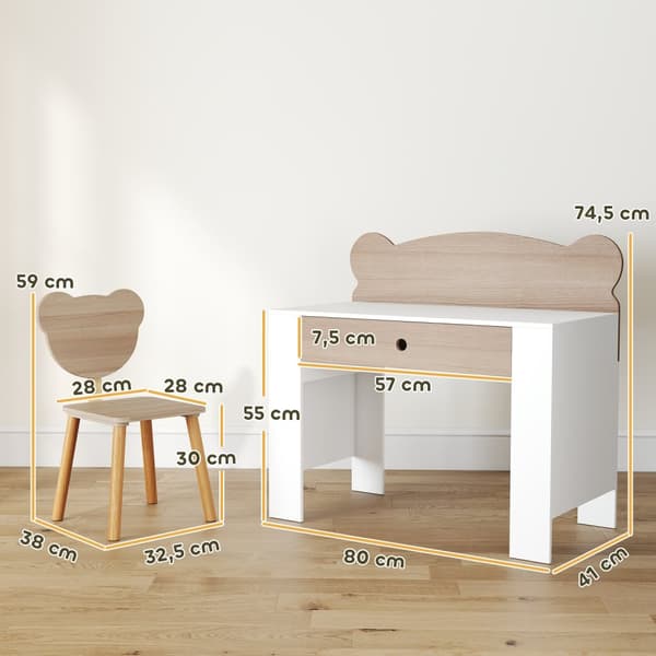 Bordsett for barn, bjørneformet arbeidsbord og stol med skuff, for skriving og håndarbeid, 3-8 år, naturlig tre