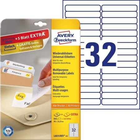 Avery Zweckform L6031REV-25 Universal-Etiketten,A4 96 x 16,9 mm, 30 Bogen/960 Etiketten, weiß