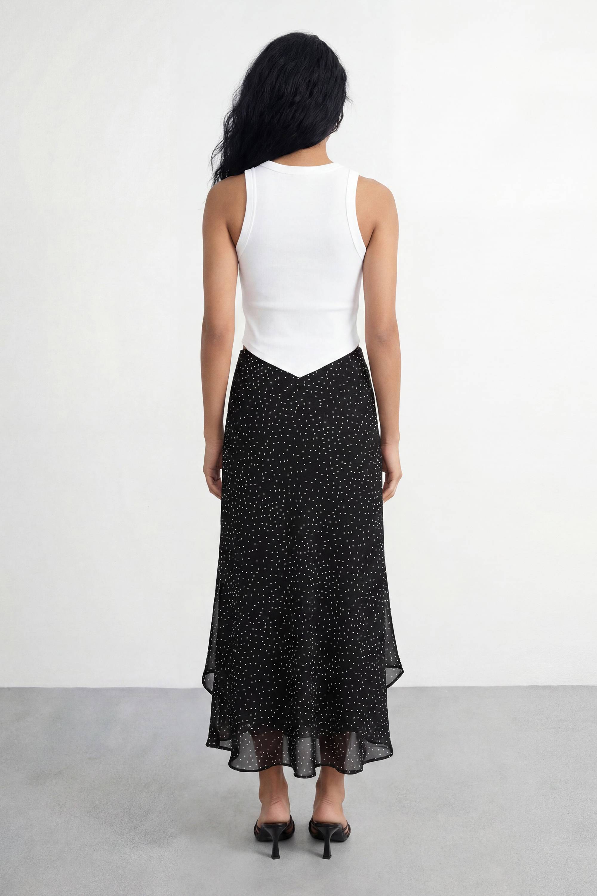 Warehouse Jupe Midi À Pois Taille Haute Coupe Biais Avec Volants