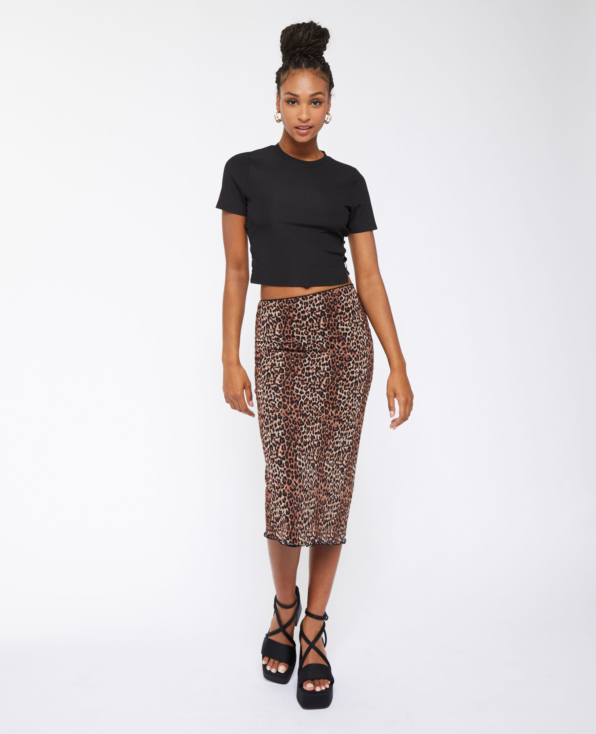 Jupe midi en tulle motif léopard - Beige