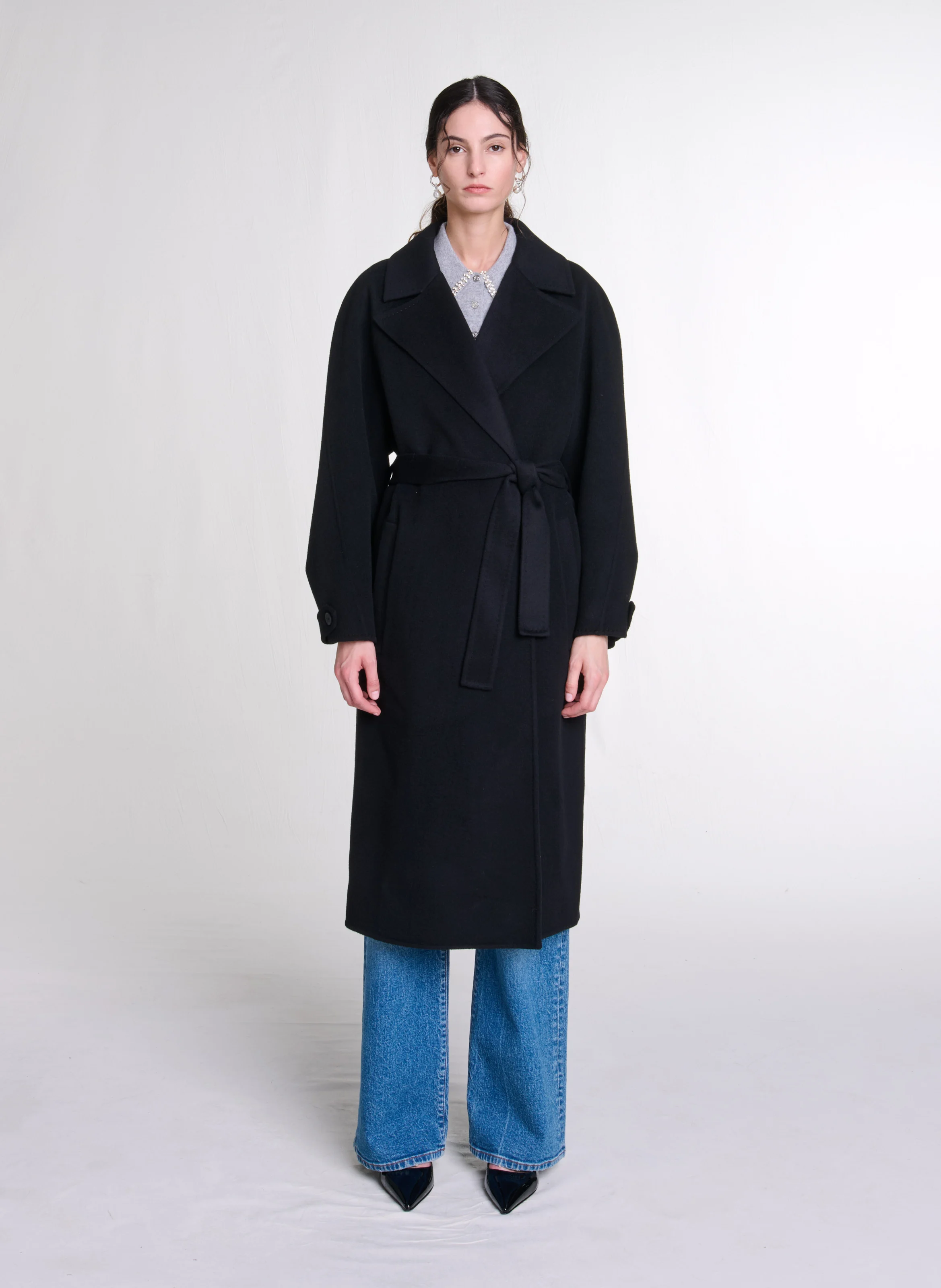 Manteau mi-long double face en laine mélangée | Noir