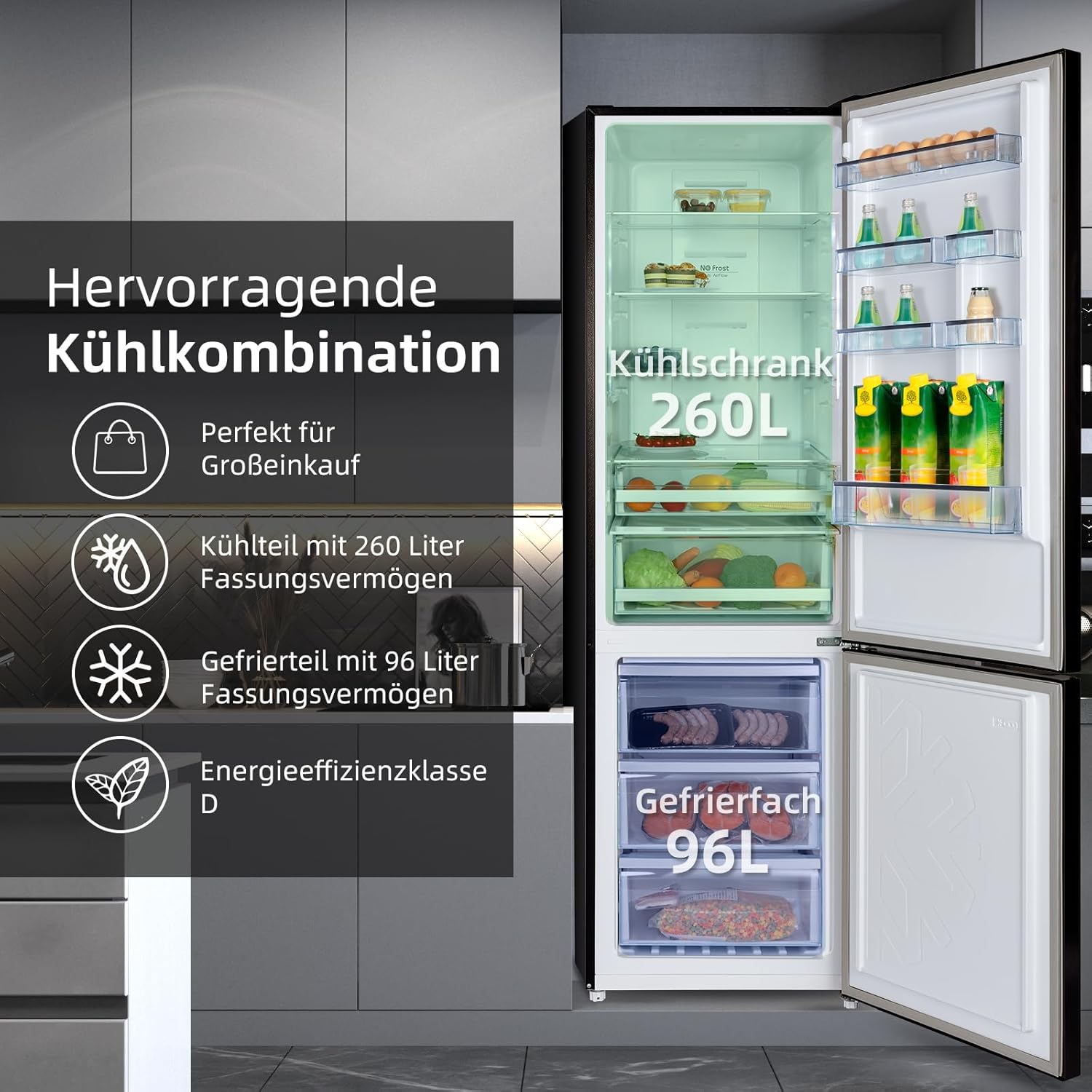 CHIQ Kühlschrank mit Gefrierfach | Total No Frost | 356 L | 200 cm Höhe | 63,5 cm Tiefe | 196kWh/Jahr | Fast Cooling | Vacation Mode | Twin Control | Leise 35dB | LED-Touch-Display | FBM351NEI42