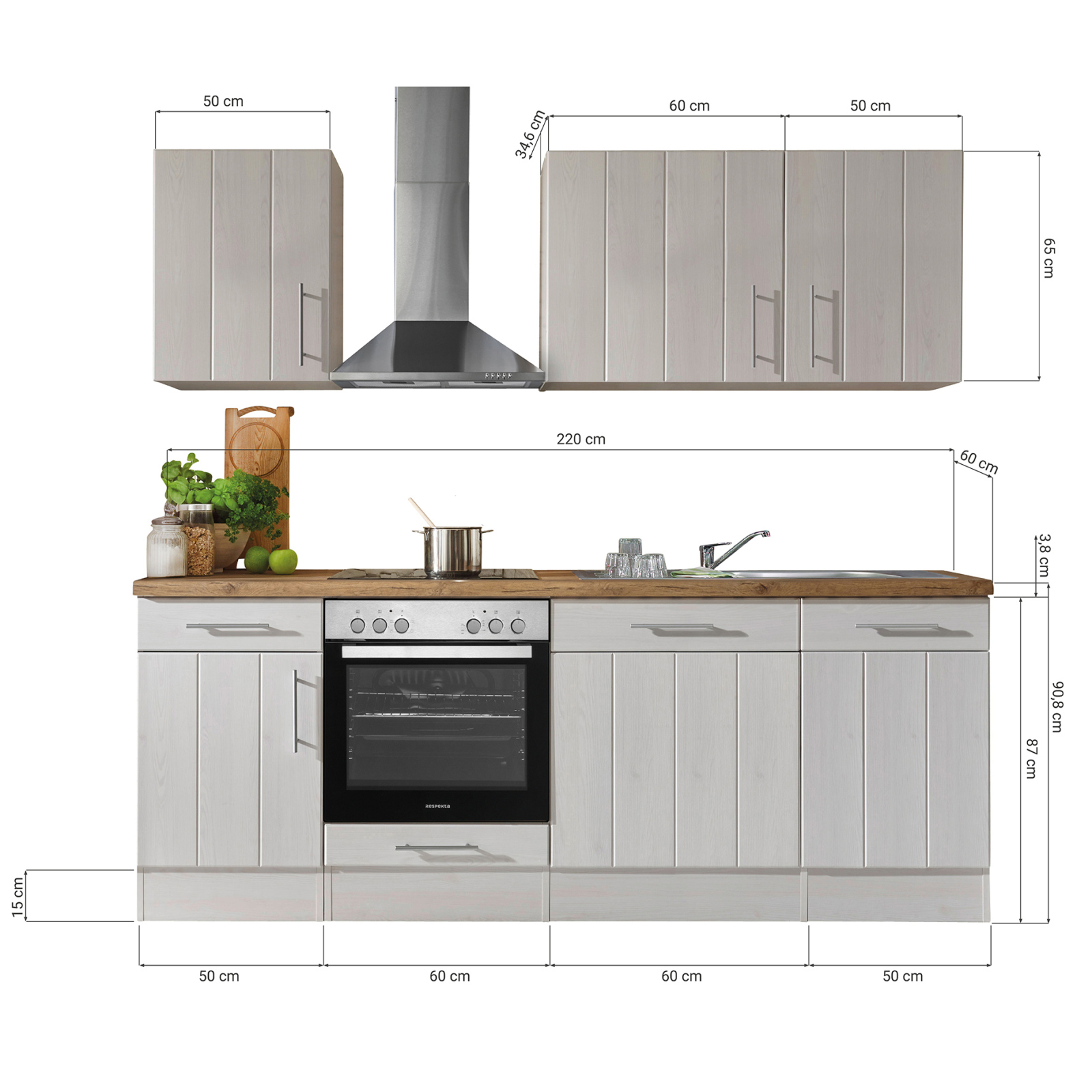 RESPEKTA Küchenblock - Lärche weiß - mit E-Geräten - 220 cm