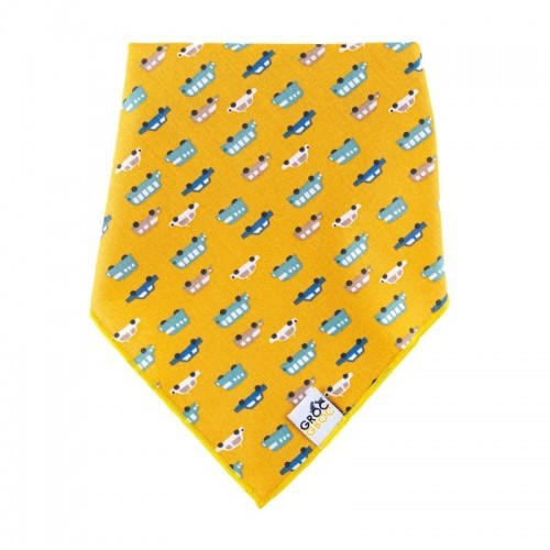 Bandana cor mostarda para cães com estampa de carro