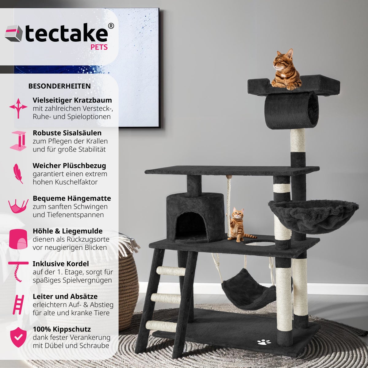 tectake Marcel 141 cm krabpaal inclusief trap, speeltouw en kantelbeveiliging