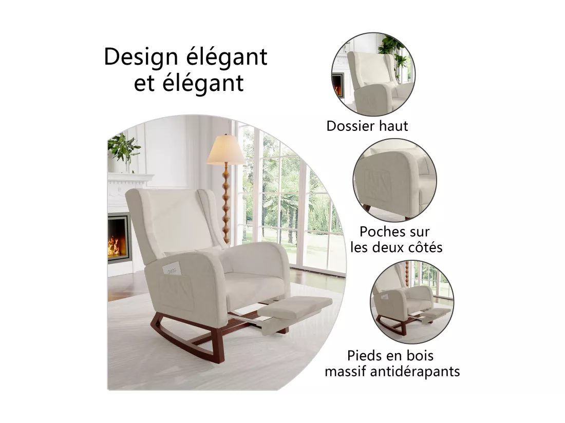 Fauteuil à Bascule avec Repose-Pieds, Fauteuil de Relaxation de Salon, Rocking Chair avec Aspect Velours, capacité de Charge jusqu'à 150 kg, pour Salon, Chambre, 64 x 67 x 99 cm (Beige)