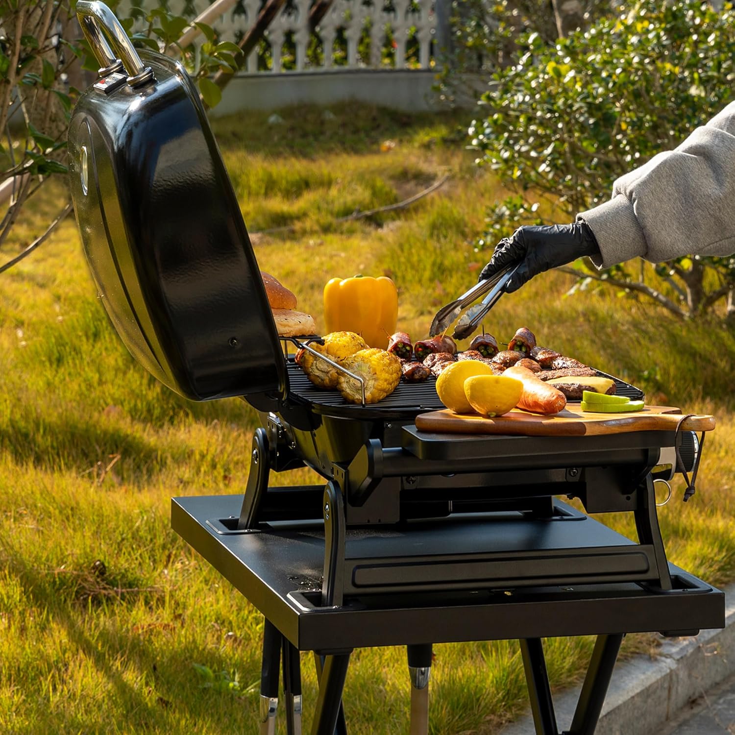 Royal Gourmet Tragbarer 2-Brenner Gasgrill inkl. Grilltisch, 5kW Tischgrill mit separatem Rollwagen, Portabler Tischgasgrill mit Klapptisch für Balkon,Terrasse, Camping Schwarz