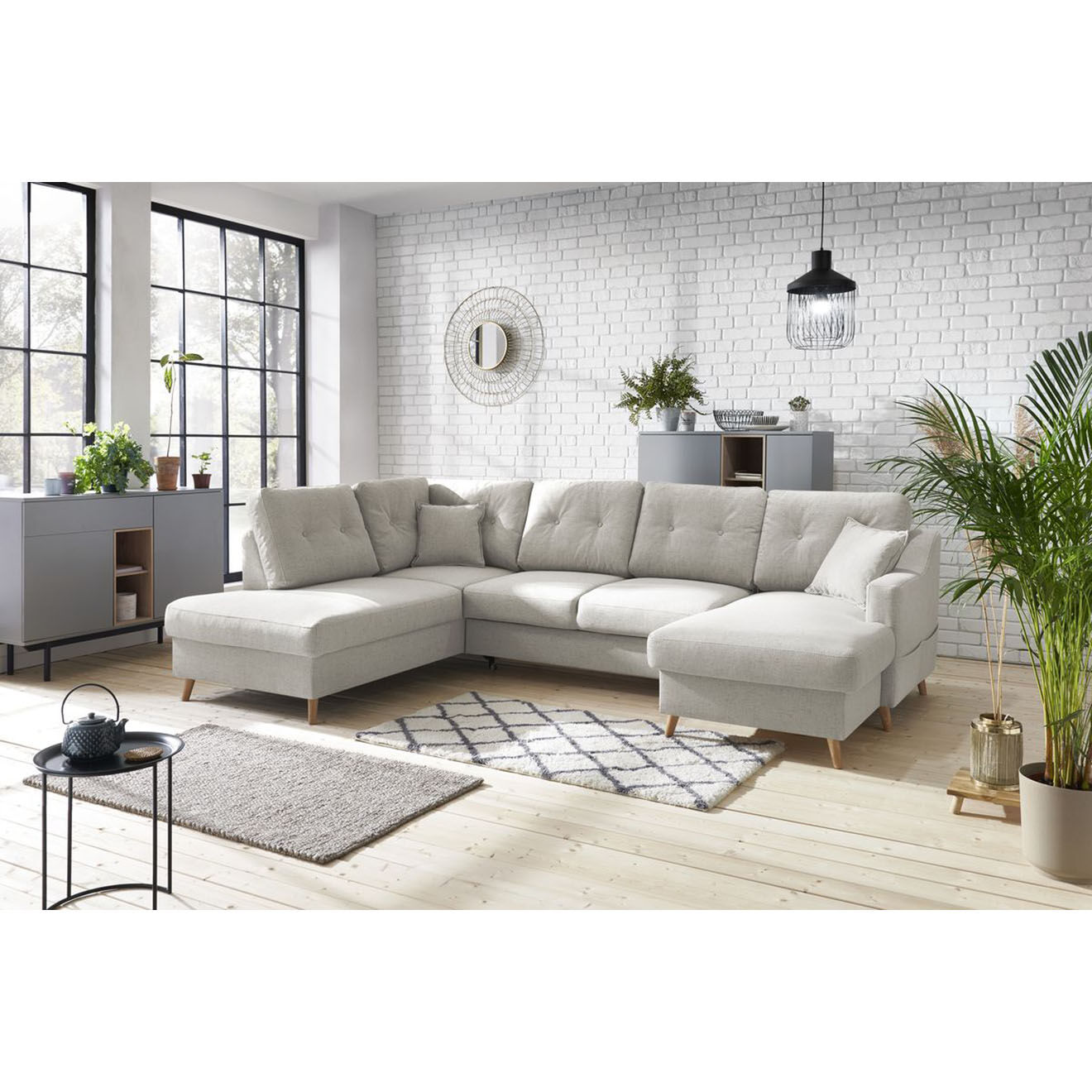 Bobochic Canapé d'angle panoramique convertible droit Sweden lin beige - 300x149/90/198x95 cm