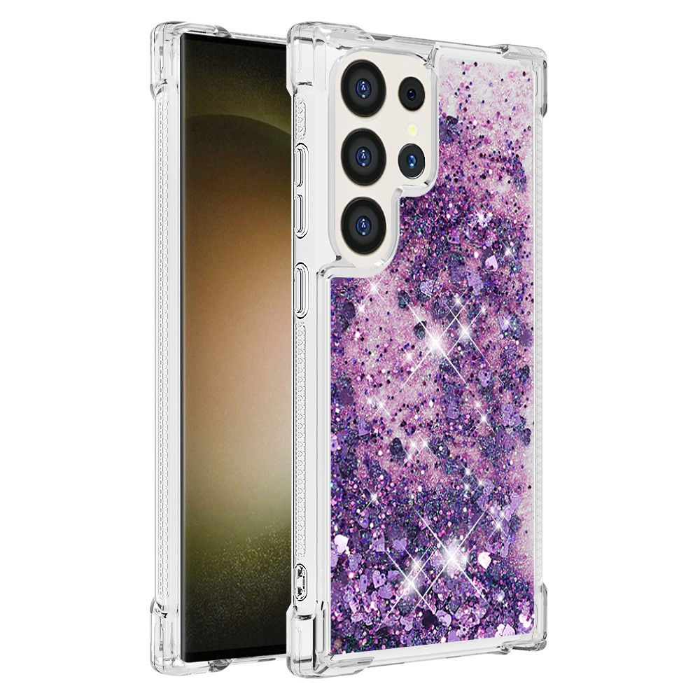 Samsung Galaxy S24 Ultra Hardcase Hülle mit Air Cushion Fallschutz Liquid Case Glitzer Herzen - Lila / Transparent