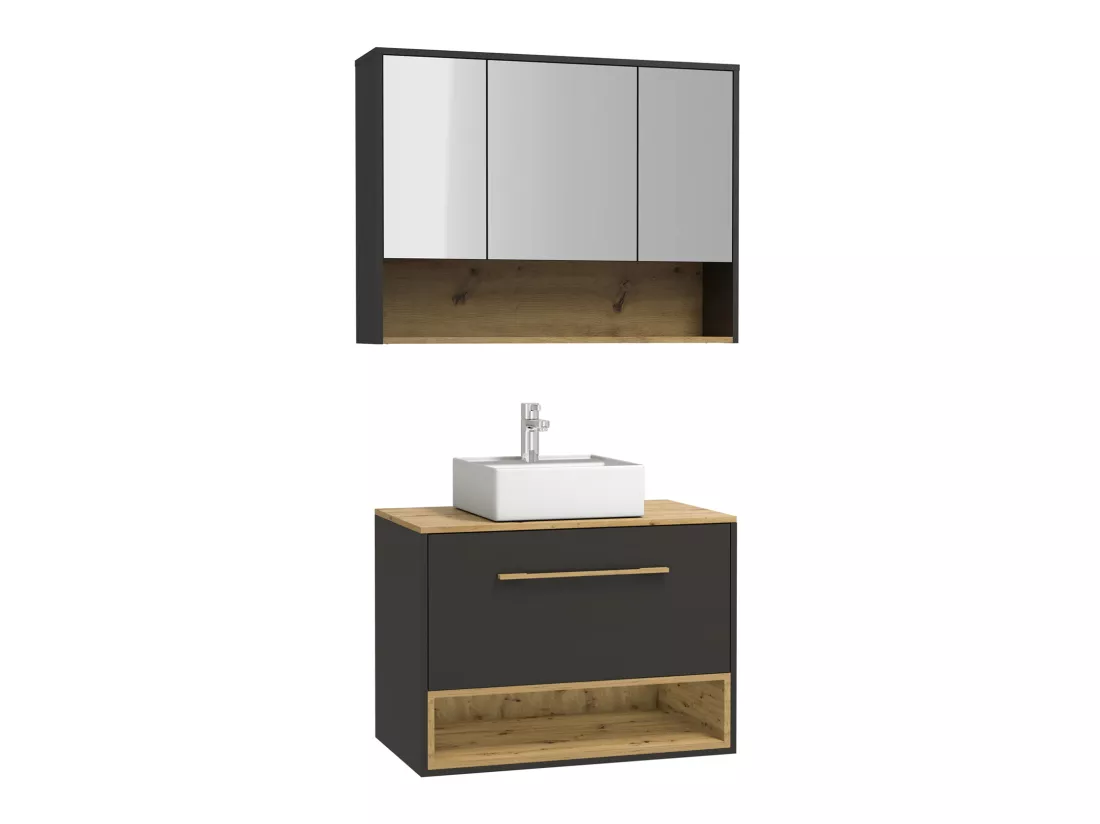 Meuble de salle de bain suspendu anthracite avec vasque à poser et armoire de toilette - 80 cm - YANGRA