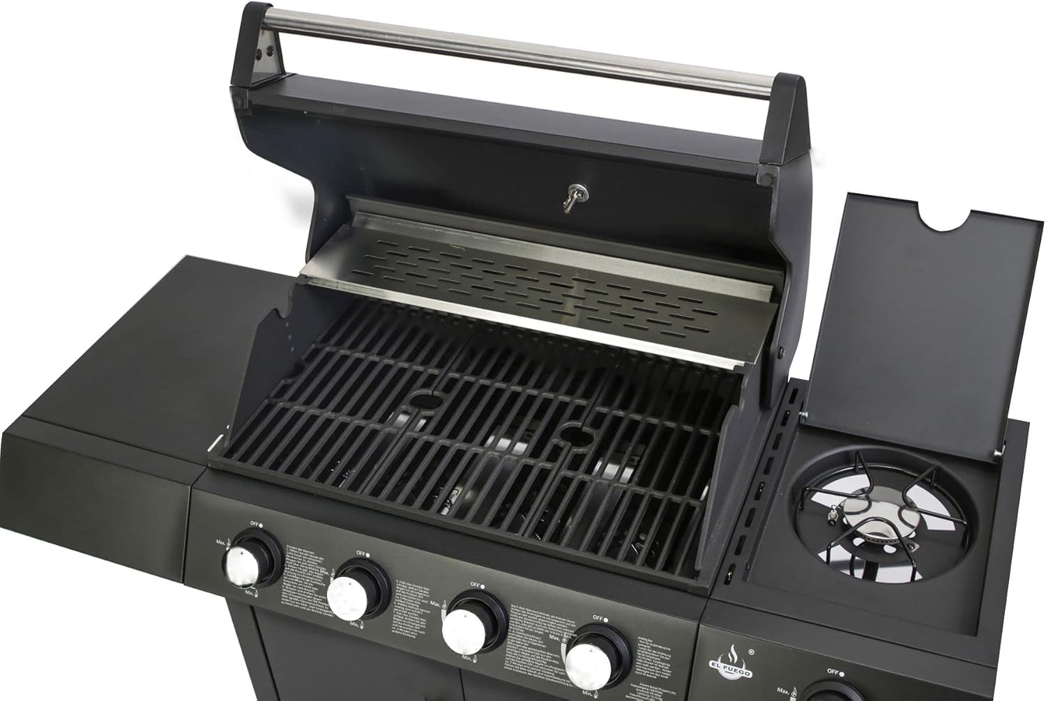 Gasgrill 'SAN ANGELO 4+1' von El Fuego® | 4 Hauptbrenner + 1 Seitenbrenner | Edelstahl, inkl. Gasschlauch und Druckminderer | Grill Smoker Grillwagen BBQ | AY 582