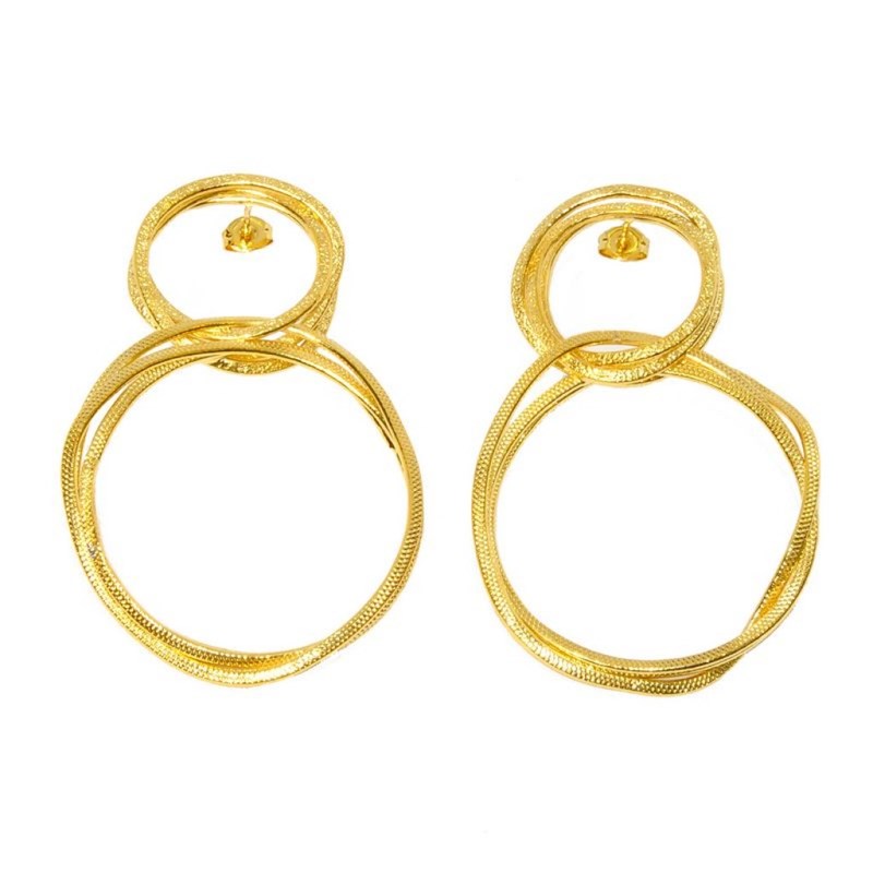 Boucles d'oreilles en plaqué or faites main avec cercles texturés métalliques - Bijou de créateur
