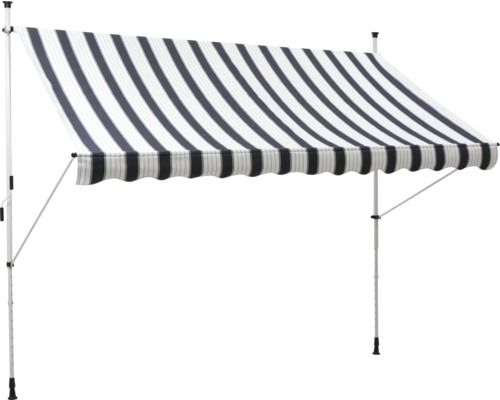 Klemzonnescherm (balkonzonwering) 3x1,5, gestreept blauw/wit doek, frame RAL 9003 signaalwit (kit)