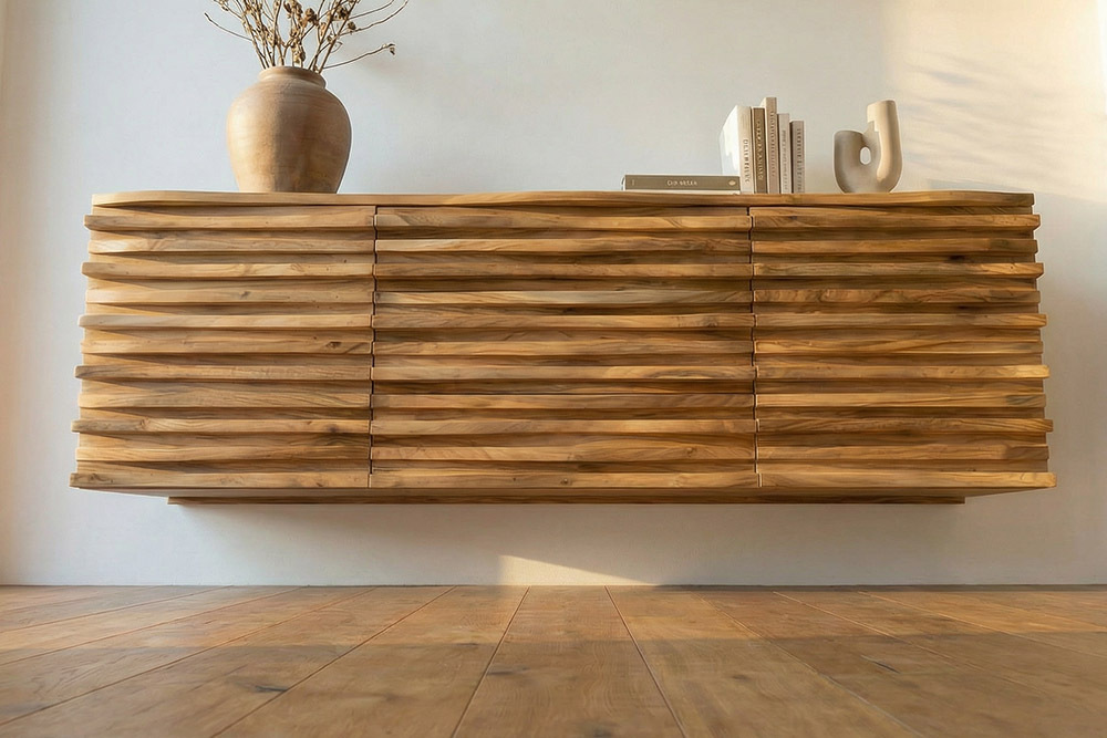 Hängendes Sideboard RELIEF 175cm natur Akazie Massivholz mit Schubladen