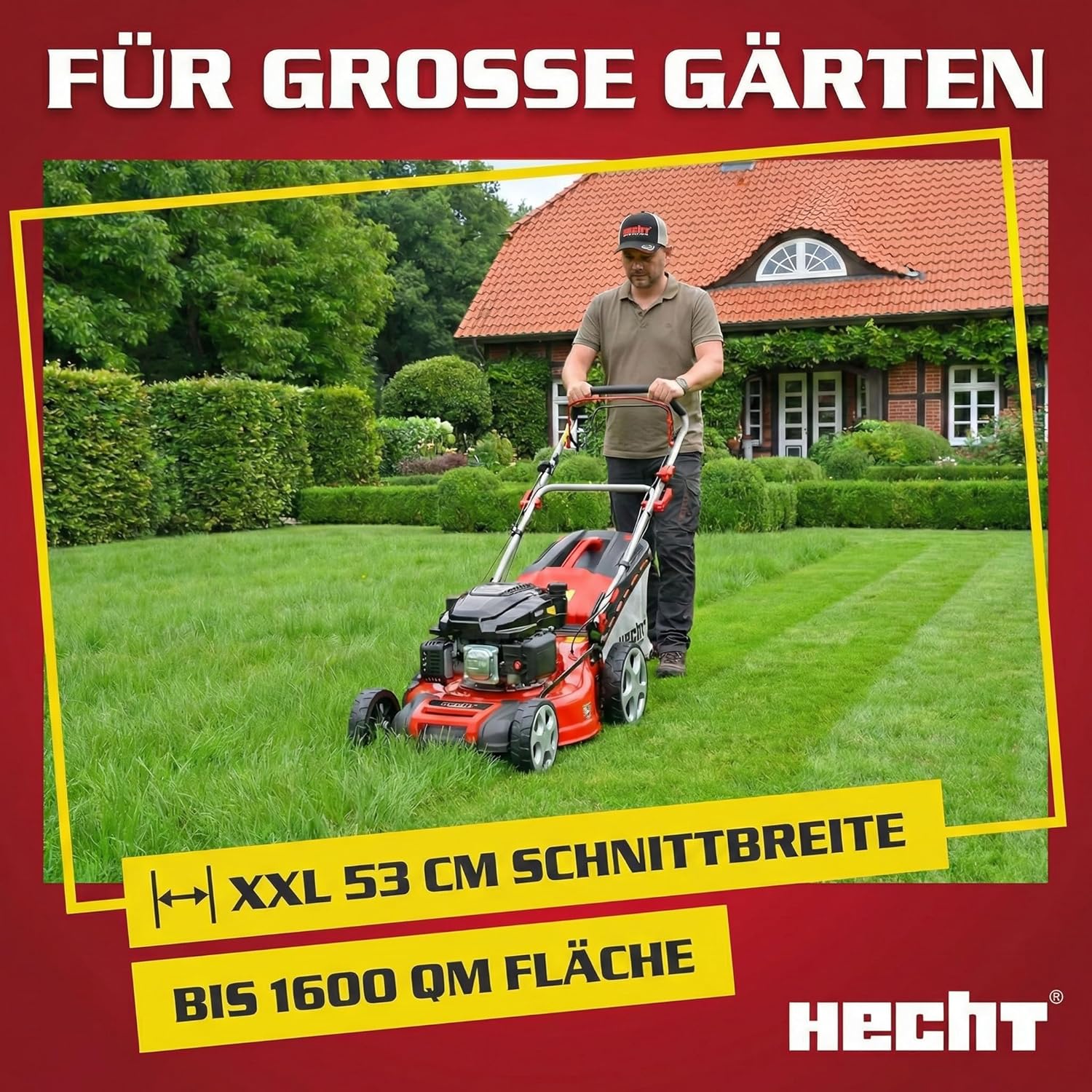 HECHT 5-IN-1 Benzin Rasenmäher – leistungsstarker 4 Takt Eco Motor 4,4 kW (6,0 PS) – Seilzug Starter – mit 53 cm Schnittbreite – 75 l Fangkorb – Radantrieb – patentierte Räder – EasyClean – Mulchmäher