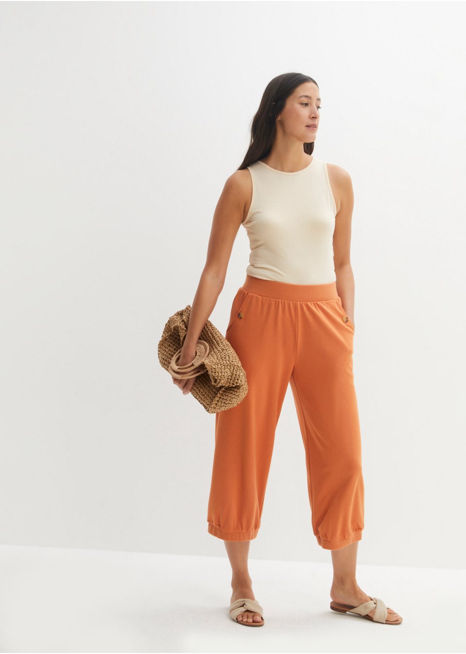 Pantalon large en Punto di Roma avec tour de taille confortable et bords-côtes à la base
