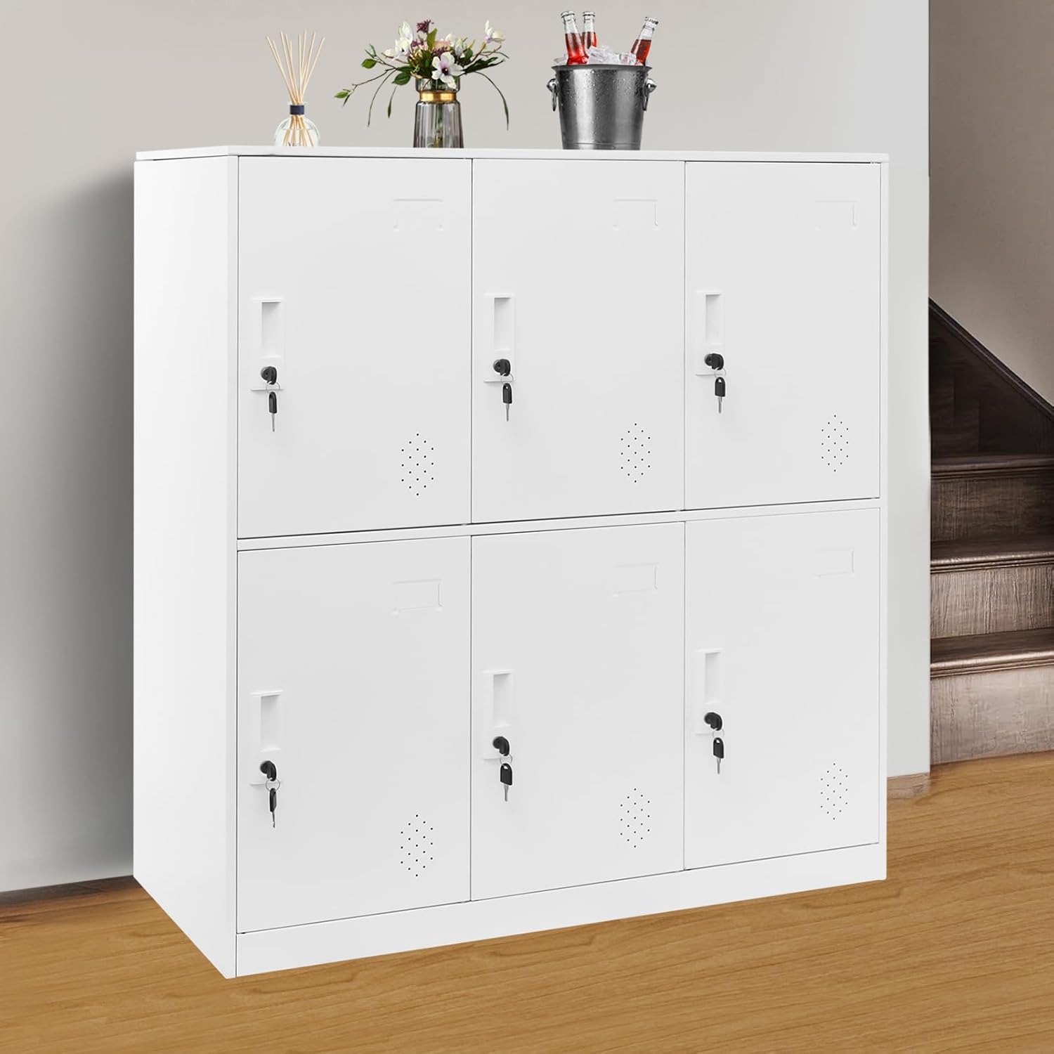Kleiner Schließfachschrank, 9/6-türiger Spind Kleiner Metallschrank, Abschließbarer Büroschrank, Fächerschrank für Wohnzimmer, Arbeitszimmer, Büro (Weiß, 6 Fächer)