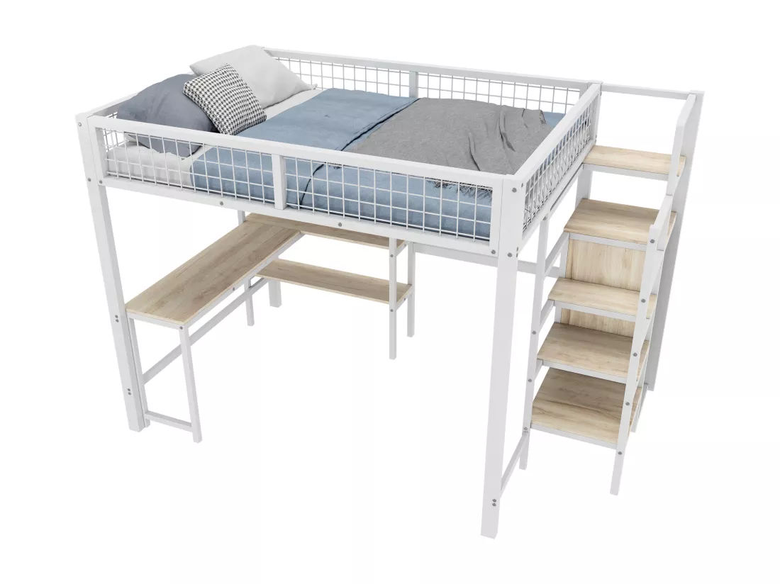 Lit mezzanine 140 x 200 cm avec bureau en L, armoire et étagères - Métal + MDF - Sommier à lattes - Blanc (sans matelas)