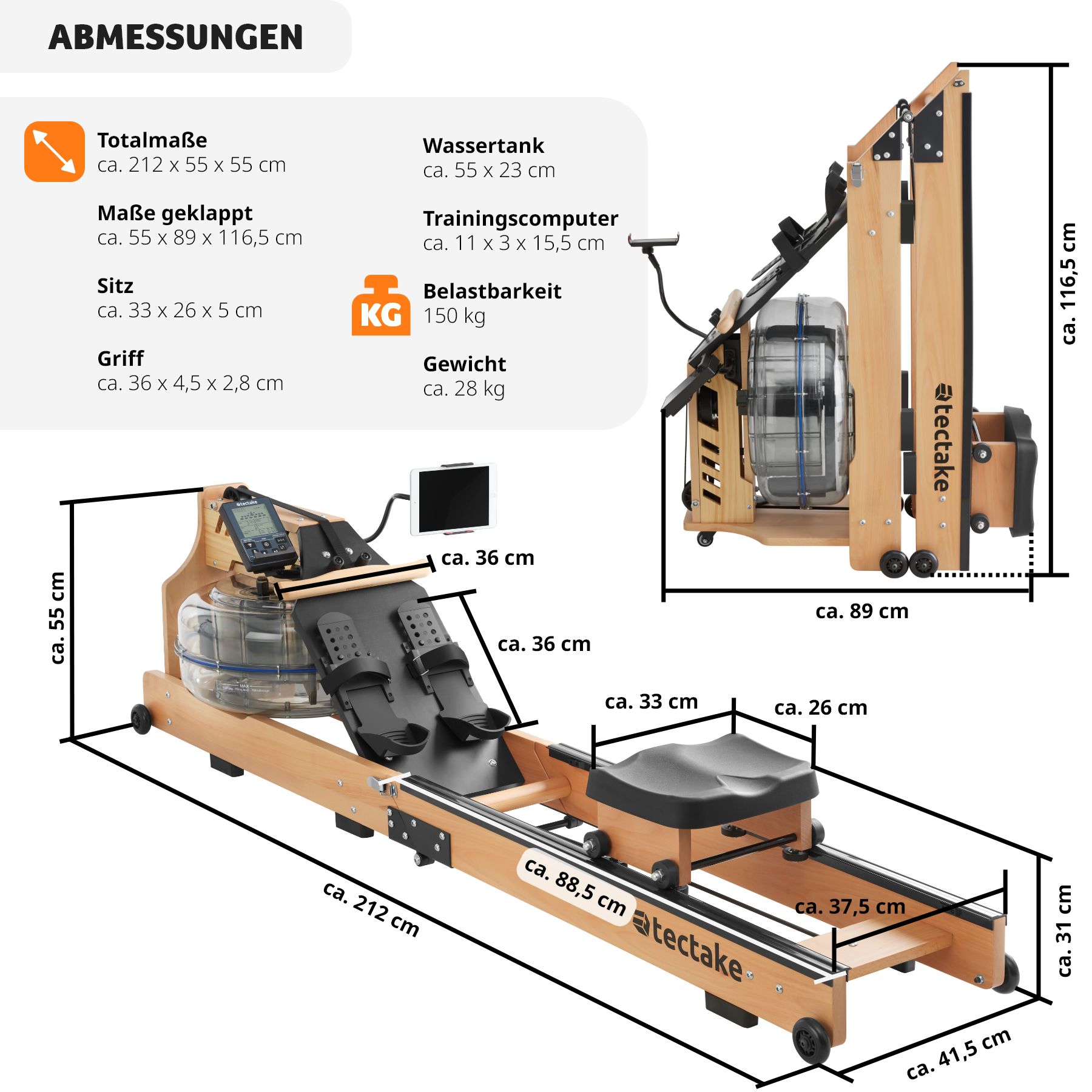 tectake® Holzrudergerät, aus massiver Buche, klappbar, Belastbarkeit 150 kg, inkl. Tablethalterung sowie Trainingscomputer mit Bluetooth und Brustgurt