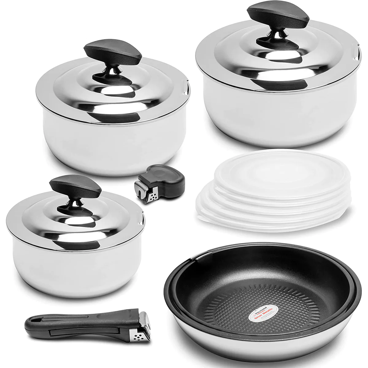 Batterie de Cuisine Induction, Poignée Amovible, 15 Pièces, Acier inox