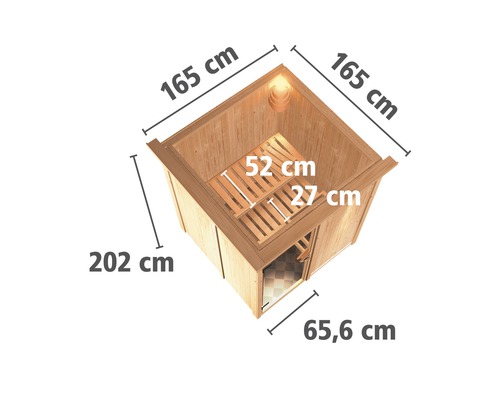 Plug & Play Sauna Karibu Achat I zonder kachel, met dakkroon en gebronsde volledig glazen deur