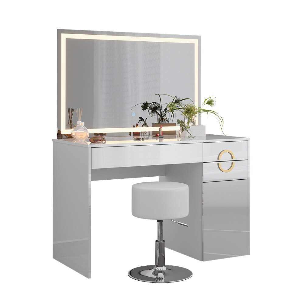 Vicco Schminktisch Adela Weiß Hochglanz, 115 x 76,4 cm mit LED-Spiegel, Hocker