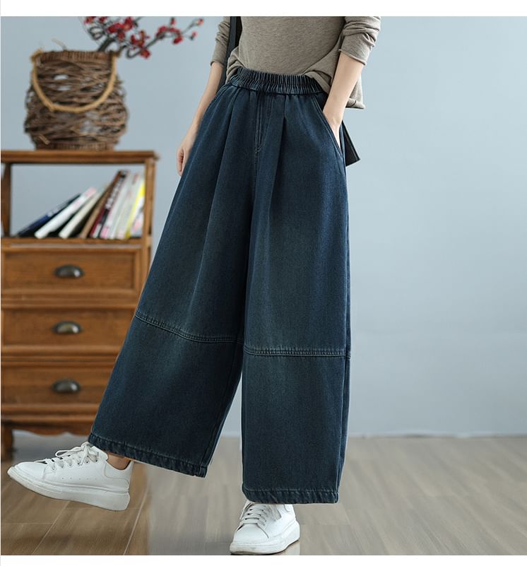 Taragon - Elastische taille gewassen cropped wijde pijpen jeans