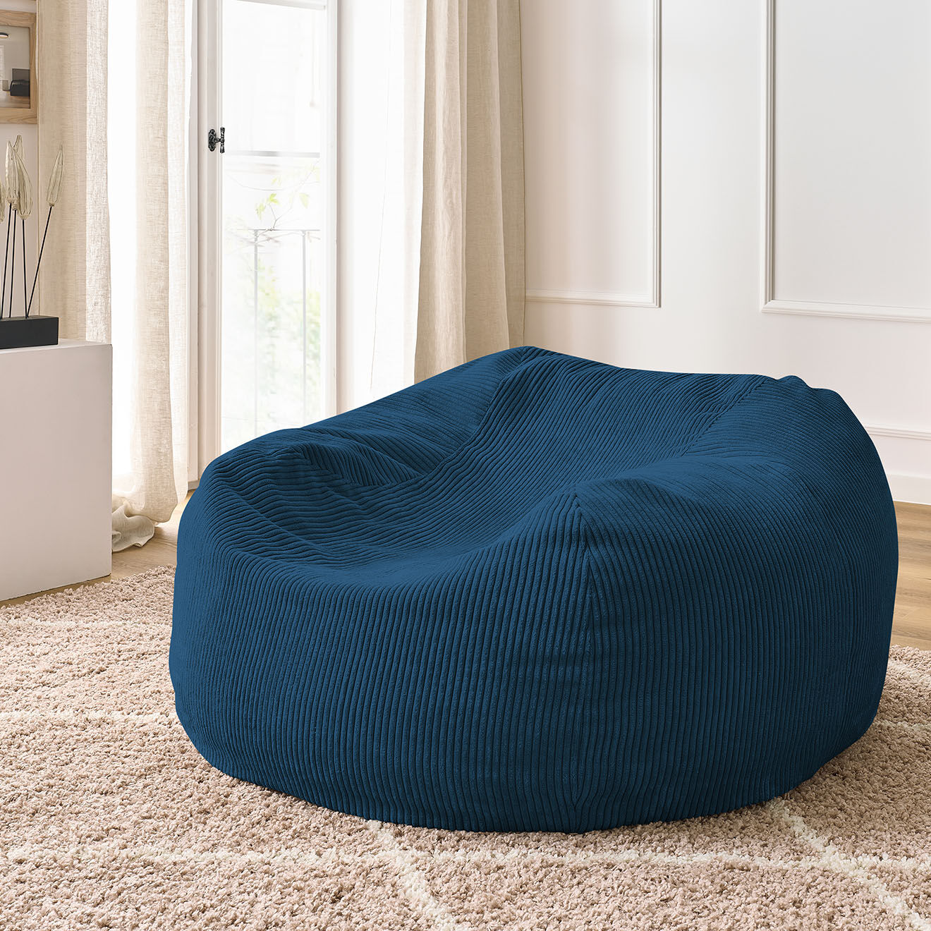 Bobochic Pouf ultra moelleux en Velours côtelé Voltaire bleu foncé - 120x70x60 cm
