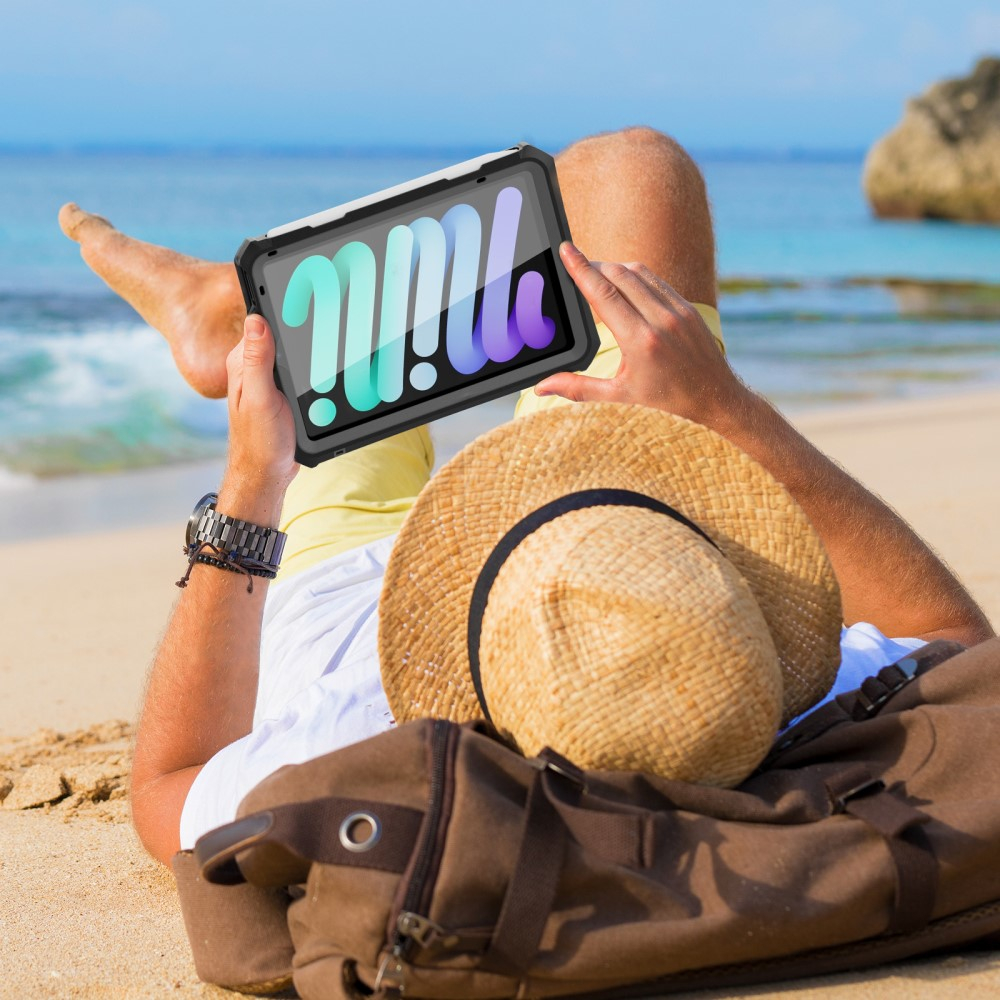iPad Mini 7 (2024) / Mini 6 (2021) Wasserfeste Outdoor Schutz Hülle mit Kickstand Aufsteller (IP68) - Schwarz